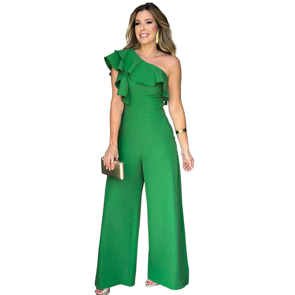 Wooden Ear Shoulder High Waist Loose Straight Women Jumpsuit