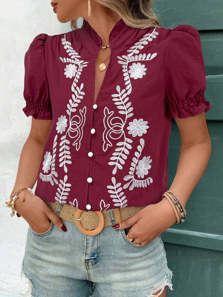 Spring Summer Cotton Embroidered Cardigan with Buckle Puff Short Sleeve T shirt Women