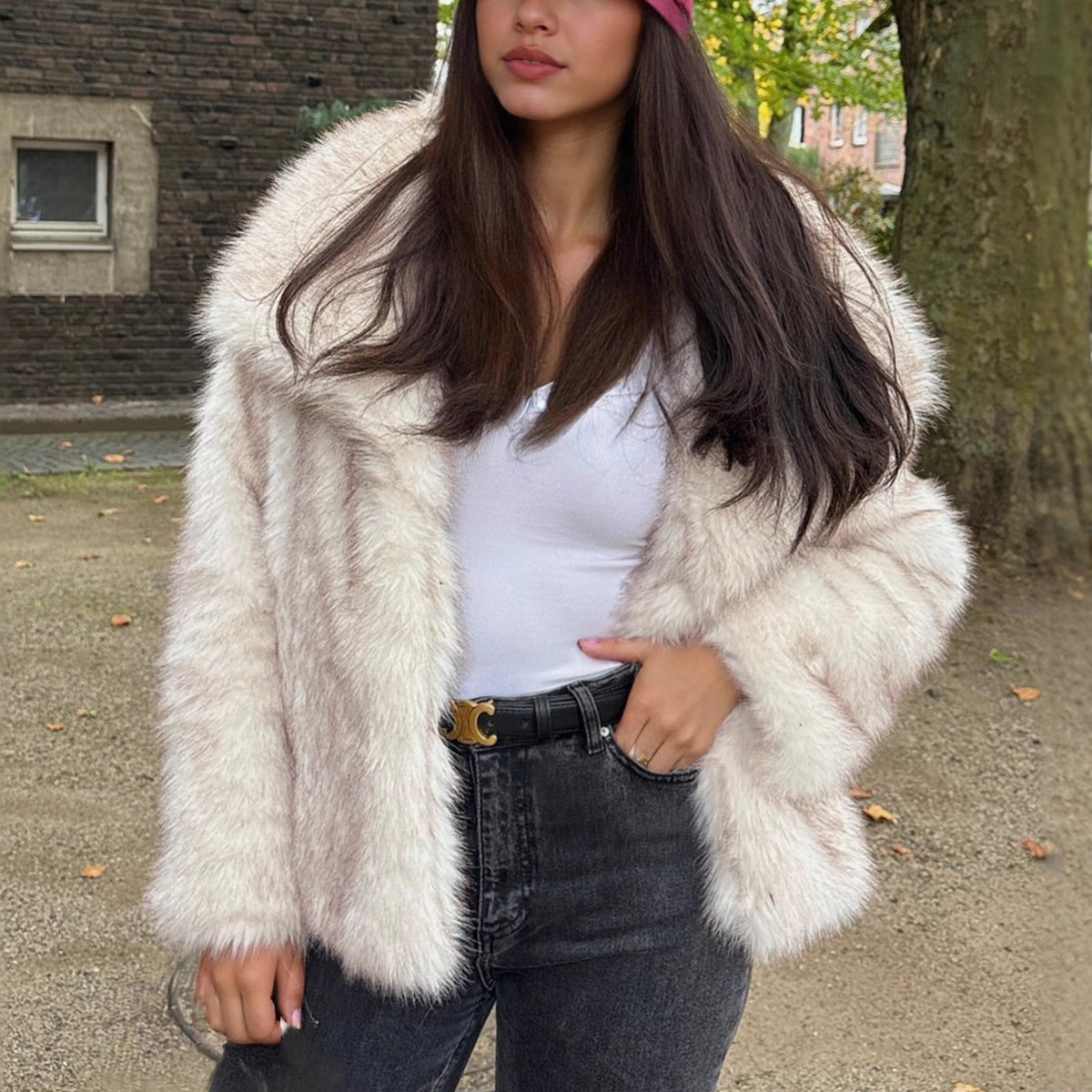 Autumn Winter Women arge Collared Faux Fur Warm Coat Imitation Fox Plush Coat