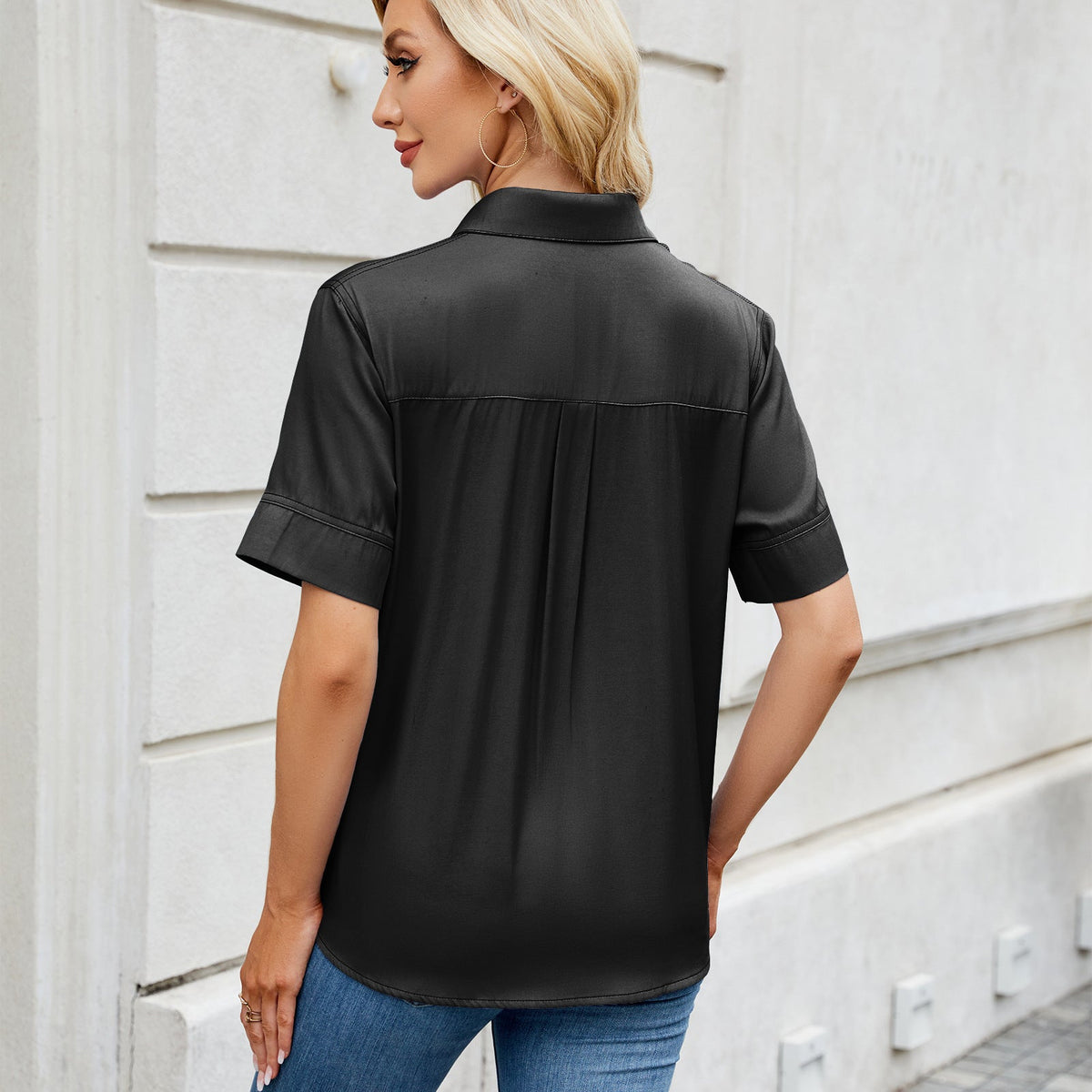 Women Clothing Spring Summer One Breasted Imitation Denim Short Sleeve Loose Shirt