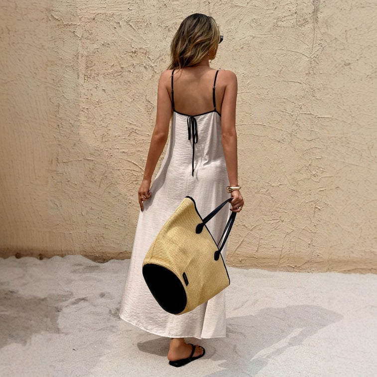 Off-the-shoulder backless solid color suspender strap-up long dress dress