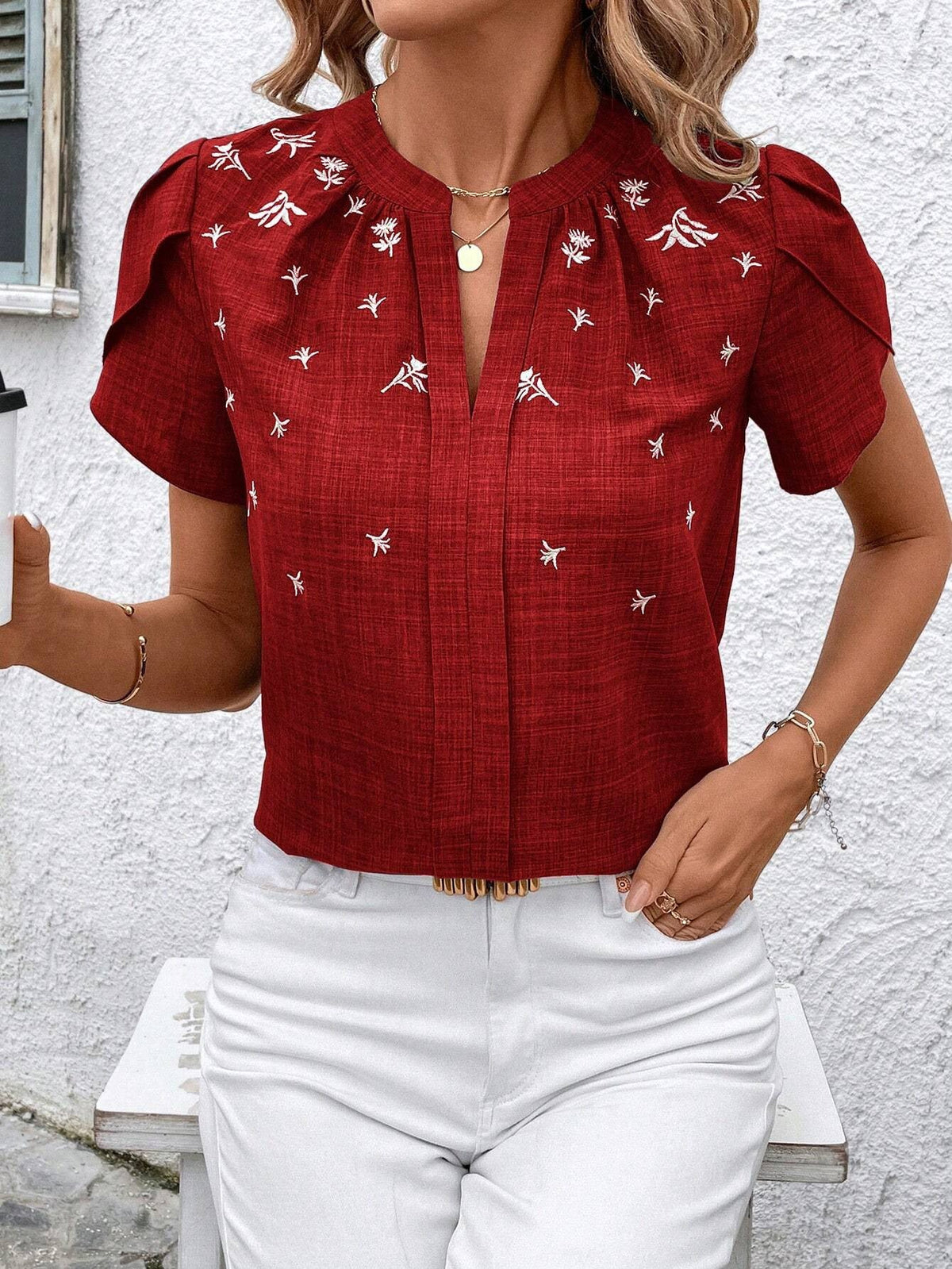 Spring Summer Half Open Collar Short Sleeve Shoulder Wrinkle Pullover Solid Color Printing Shirt T Top for Women