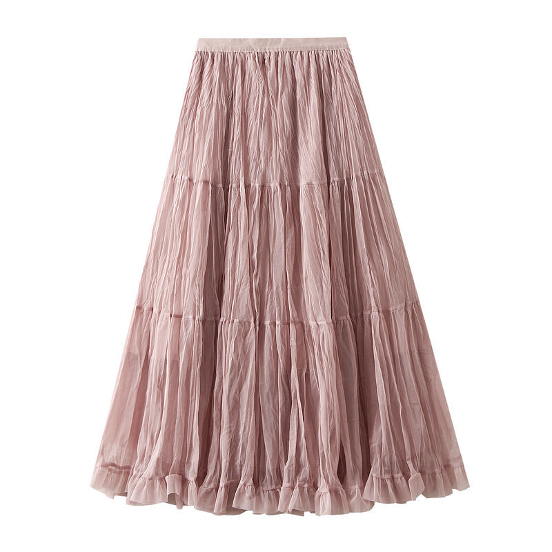 French Mid Length Pleated Mesh Skirt Autumn A line High Waist Fairy Large Swing Skirt for Women