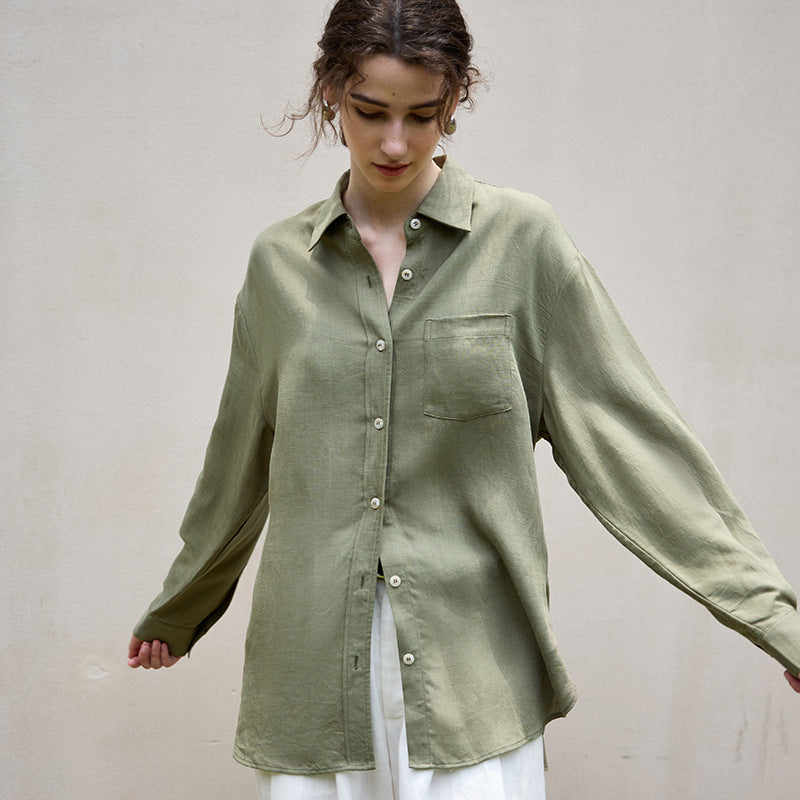 Tencel Linen Natural Texture Long Sleeved Women Shacket Autumn Winter French Wind Waist Belt Linen Shirt