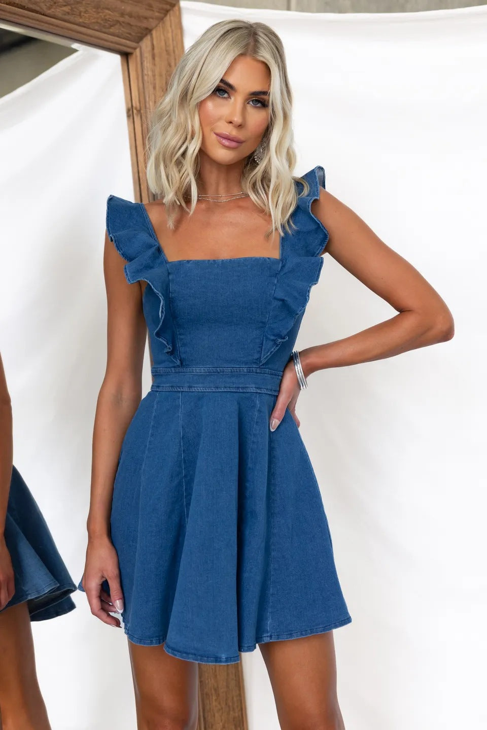 Ladies Summer Casual Flying Sleeves Backless Denim Dress