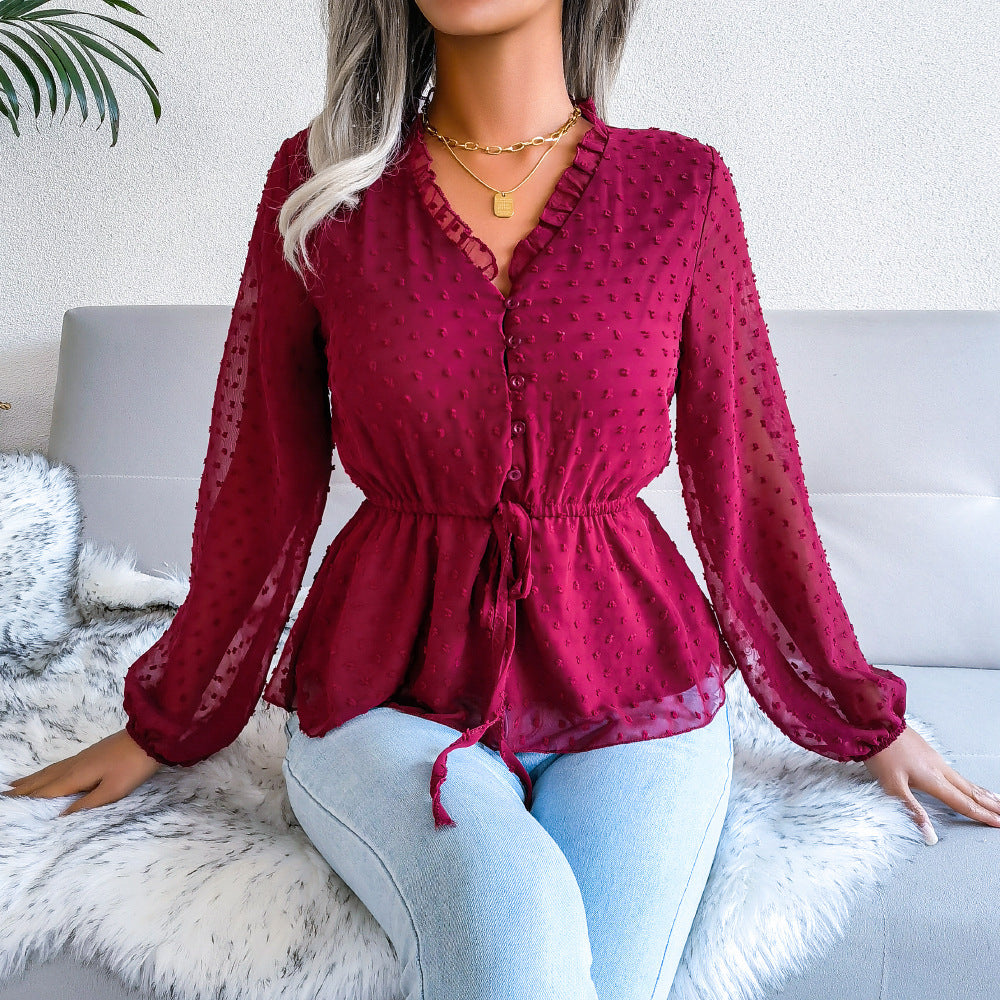Spring Summer Lantern Long Sleeve Ruffled Tied Fitted Waist Polka Dots Chiffon Shirt Women Clothing