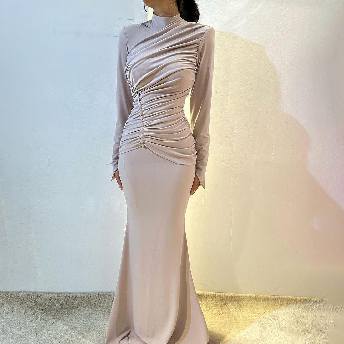Autumn Winter Women Clothing High Waist Ruched Elegant Graceful Long Sleeved Dress Mop Dress