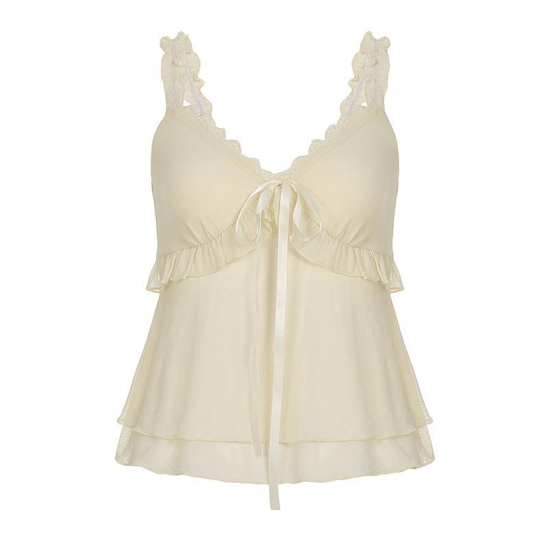 Women Clothing Solid Color Pleated Chest Sexy V neck Lace up Mesh Camisole Ruffle Top
