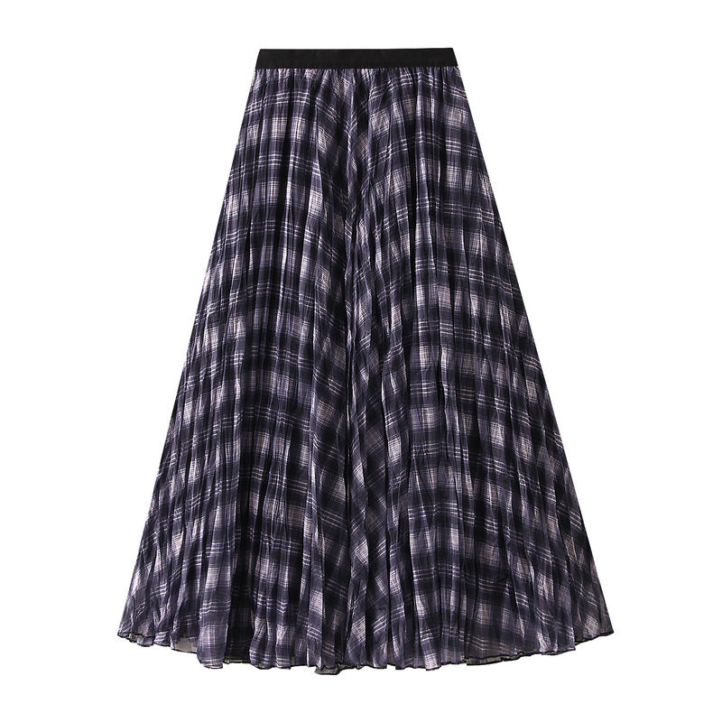 Fall Brown Plaid Skirt Women High Grade A line Large Hem High Waist Slimming Mid Length Skirt
