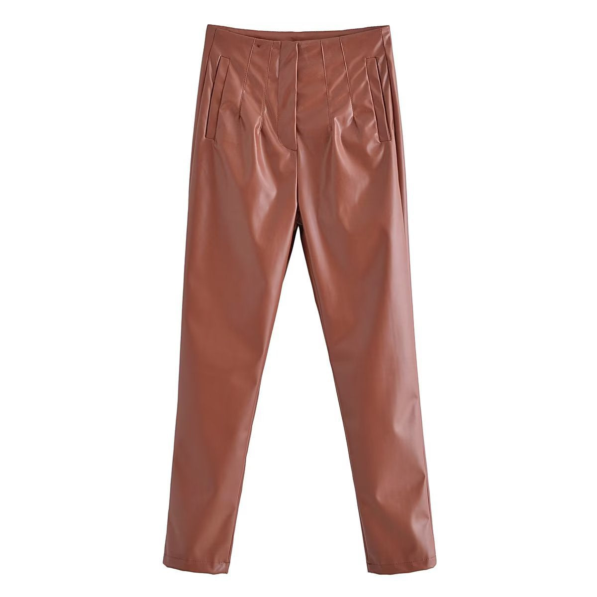 Women Clothing Autumn High Waist Ruched Faux Leather Pants