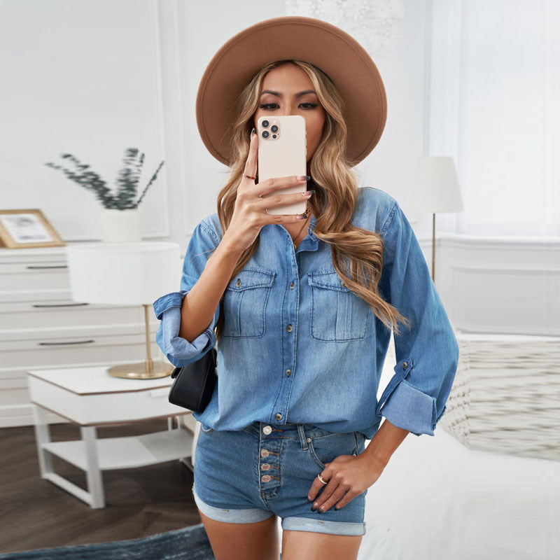 Denim Shirt for Women Spring Autumn Solid Color Polo Collar Single Breasted Thin Long Sleeve Washed Denim Shirt