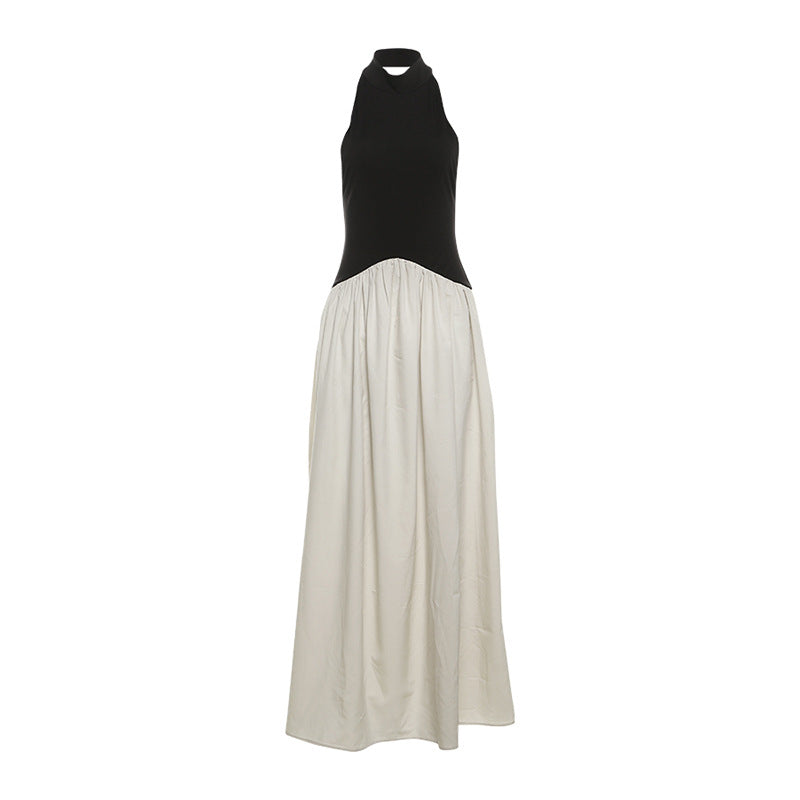 Fall Women Clothing Loose Backless Stitching Pleated Slim Mop Dress