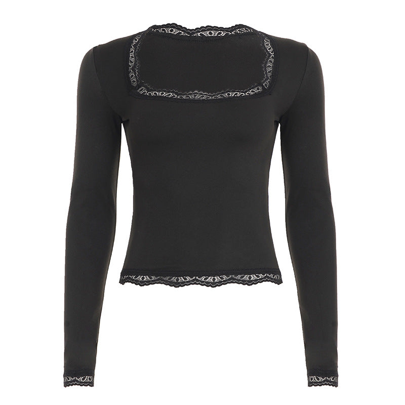 Sexy off Shoulder Lace Stitching Long Sleeve T shirt Women Polka Dot Slim Fit Knitted Top