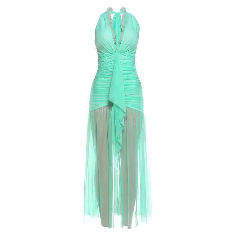Summer Women Clothing Solid Color Elegant Sexy Mesh Stitching Halter Pleated Dress for Women