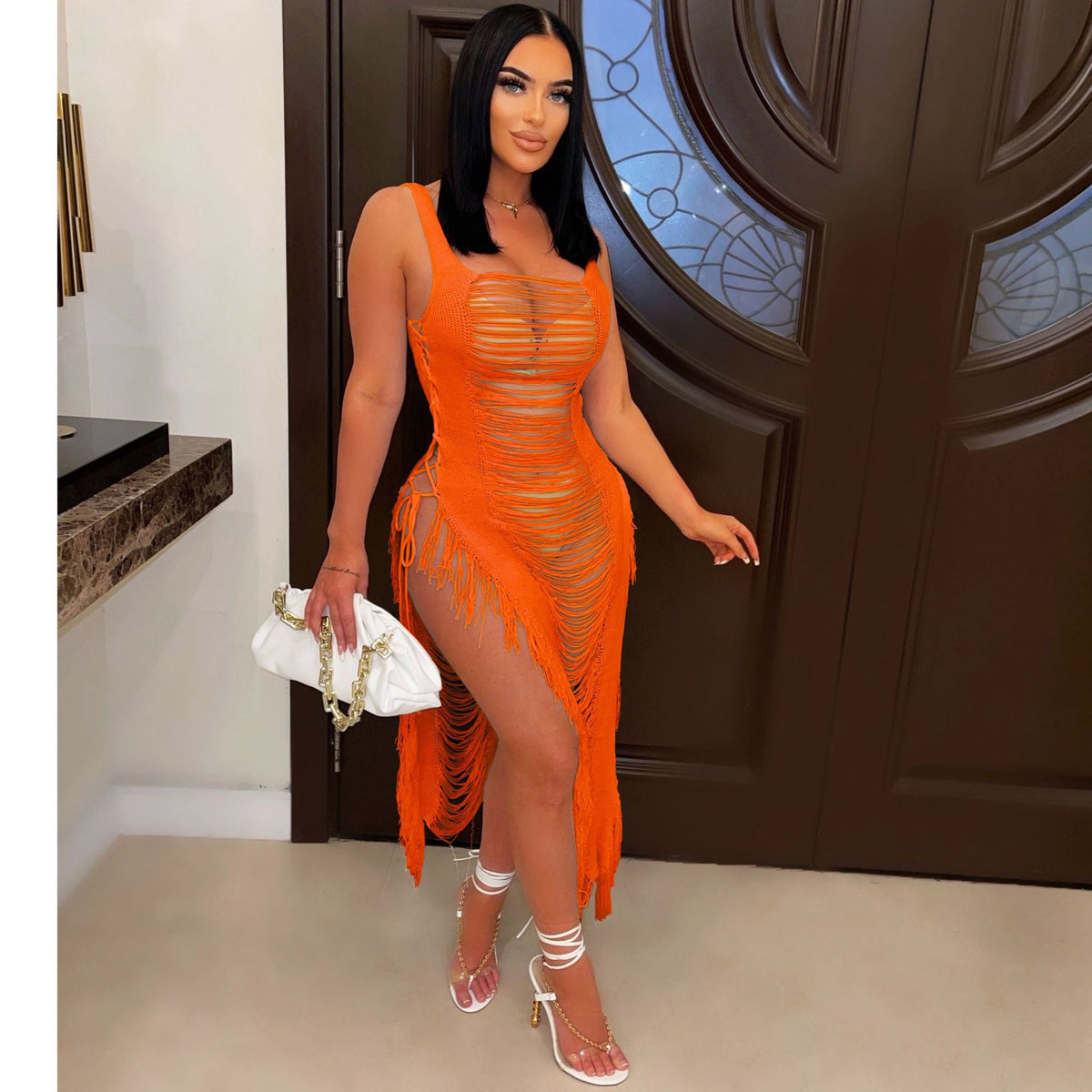 Spring Summer Women Dress Sexy Hollow Out Cutout Beach Cover Up Tassel Beach Dress