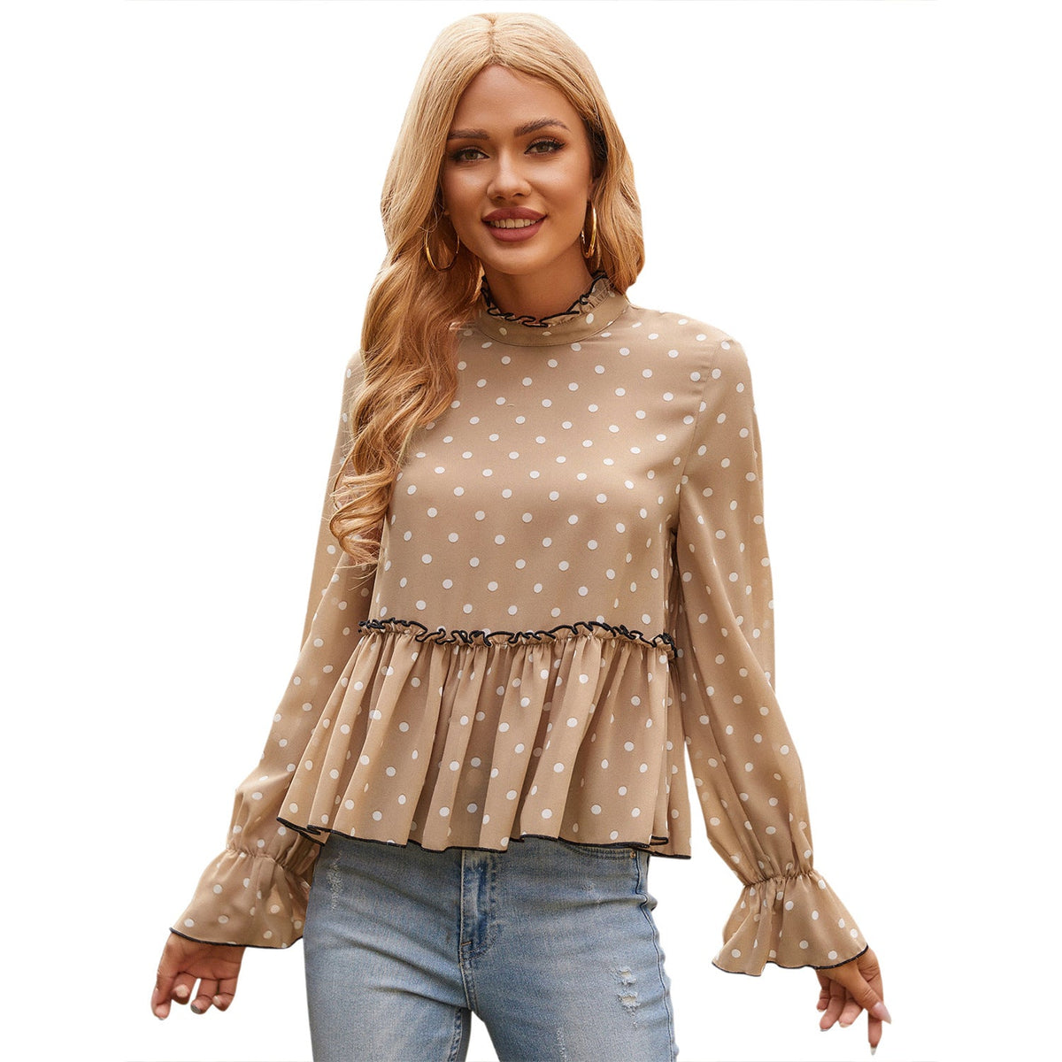 Women Clothing Solid Color Jacquard Pullover Bell Sleeve Chiffon Shirt