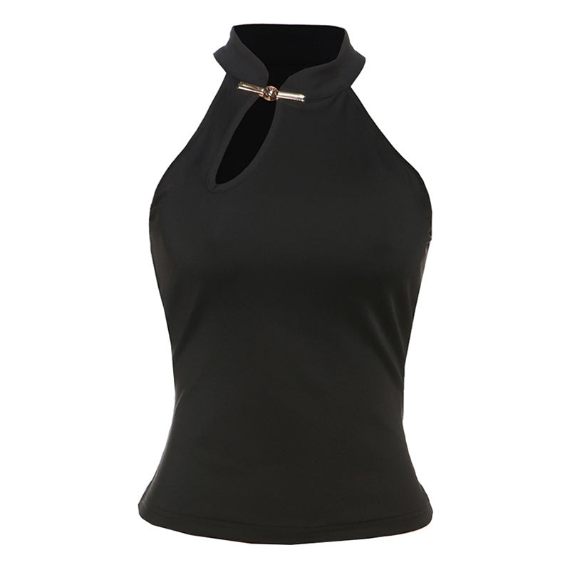 Spring Summer Women Clothing Personalized Stand Collar Open Solid Color Slim Fit Sexy Sleeveless T shirt Vest Women