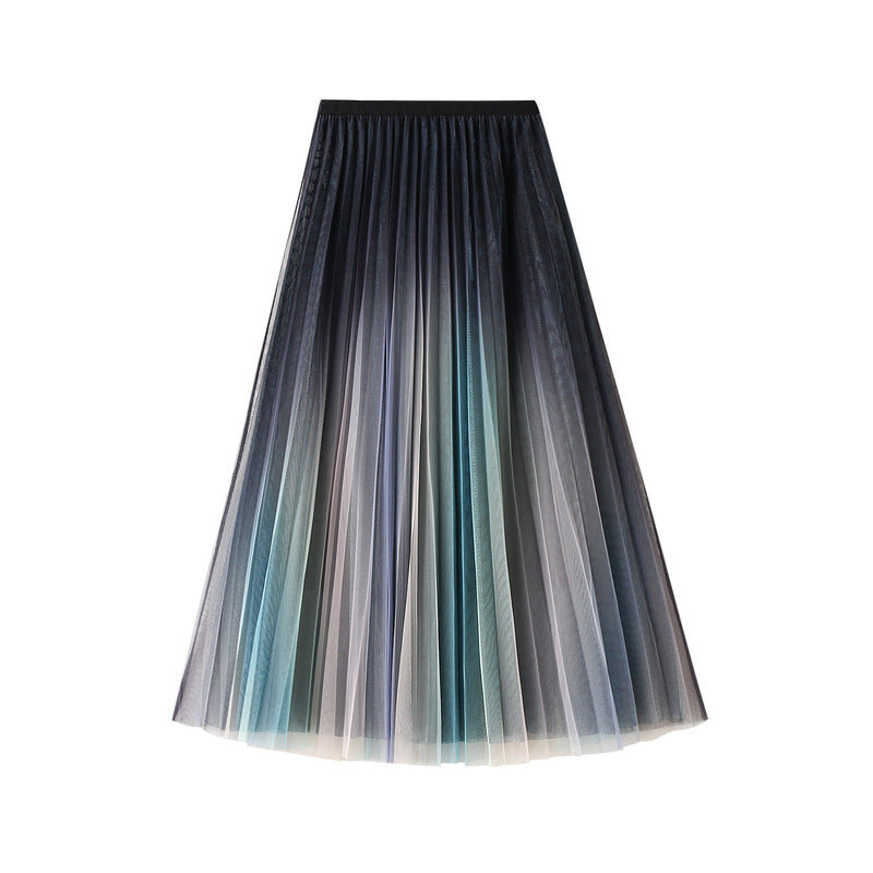 High Waist Slimming Large Hem Double-Layer Mesh Gradient Bright Color Mid-Length Skirt Spring Summer Women 0859
