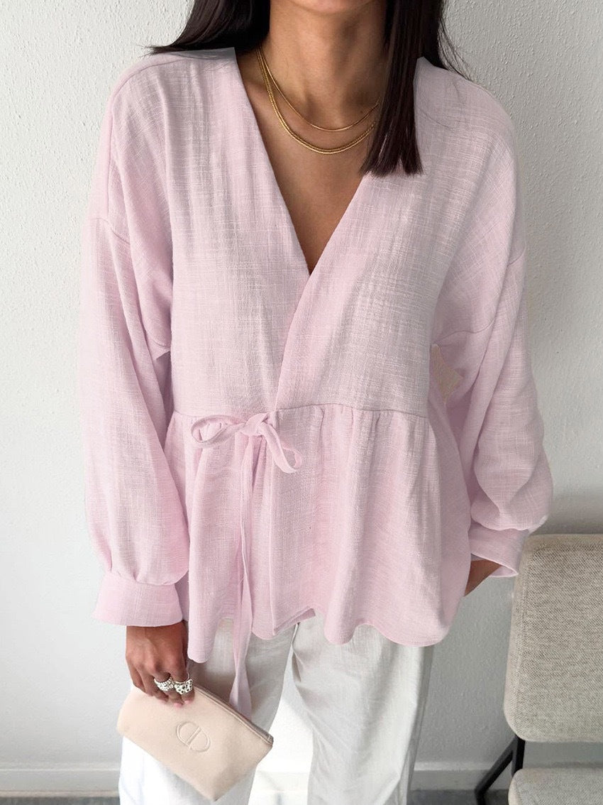 Spring Autumn Cotton Linen Solid Color V neck Trousers Comfortable Soft Shirt Women