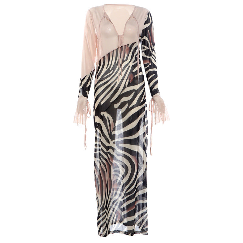 Summer Color Contrast Printed Sexy V neck Mesh Long Sleeve Dress