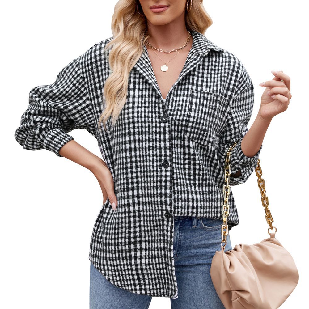 Autumn Winter Women Houndstooth Design Button Flannel Woolen Shirt