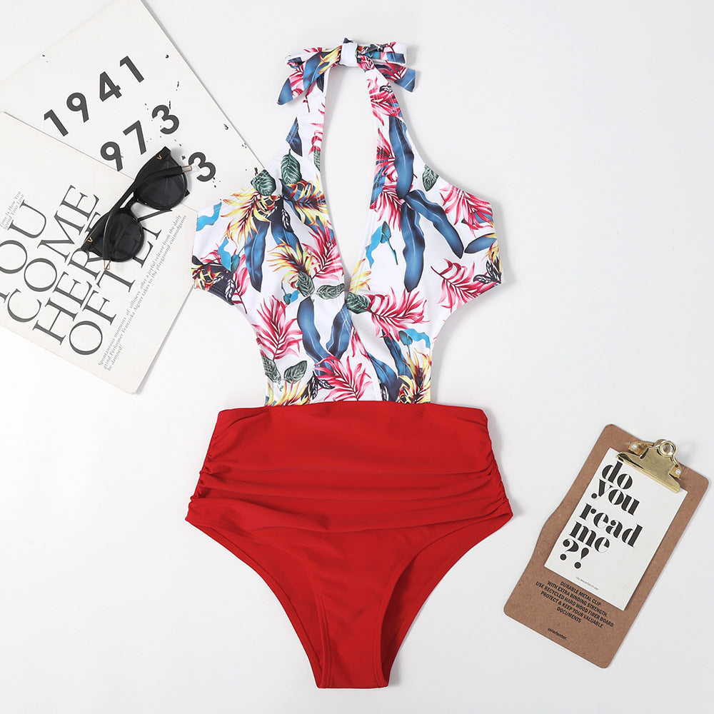 One Piece High Waist Lace Up Bow Backless Women Sexy Beach Triangle Swimsuit Bikini