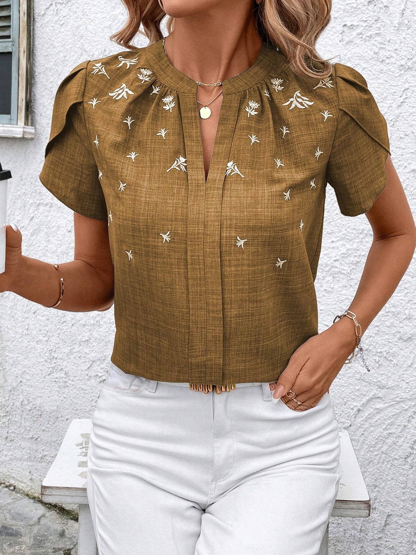 Spring Summer Half Open Collar Short Sleeve Shoulder Wrinkle Pullover Solid Color Printing Shirt T Top for Women