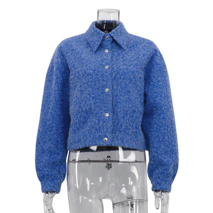 Women Clothing Winter Klein Blue Collared Long Sleeved Woolen Coat All Matching Small Jacket