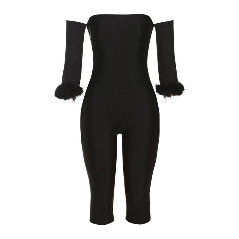Spring Sexy Tube Top Backless Sleeve Skinny Hip Raise Solid Color Jumpsuit Women Clothing
