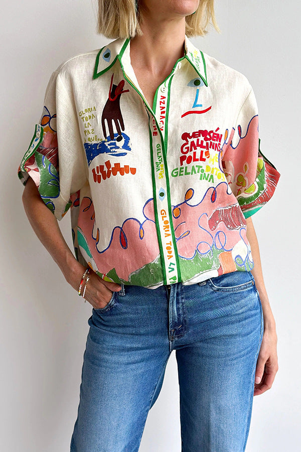 Personalized Graffiti Printing Linen Single Row Multi Buckle Shirt