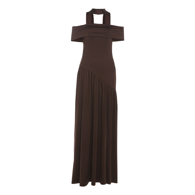 Autumn Women Clothing Sexy Backless Slim Fit Solid Color Scarf Collar Split off Shoulder Dress