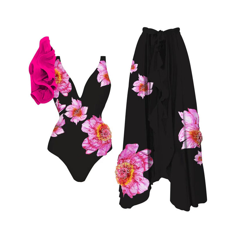 Printing One Piece Women Swimwear Suit European, French Retro Cover Belly Slimming Swimsuit