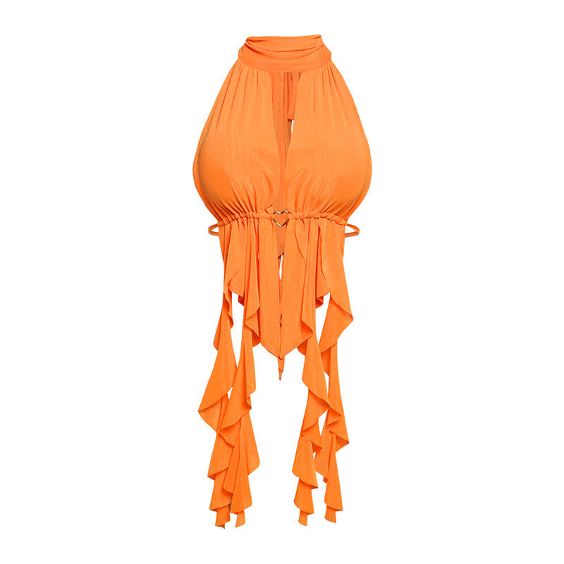 Summer Women Sexy Mesh Hollow Out Cutout Halter Lace up Backless Tassel T shirt Vest