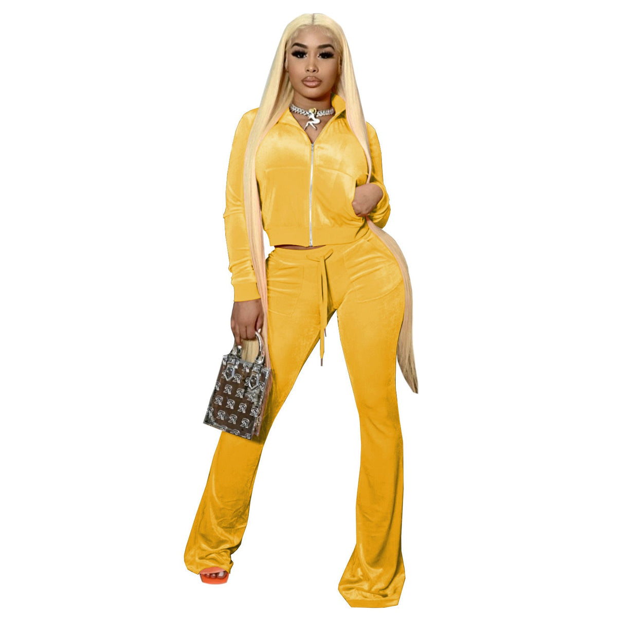 Women Clothing Two-Piece Korean Velvet Solid Color Long Sleeve Sexy cropped Casual Sports Suit