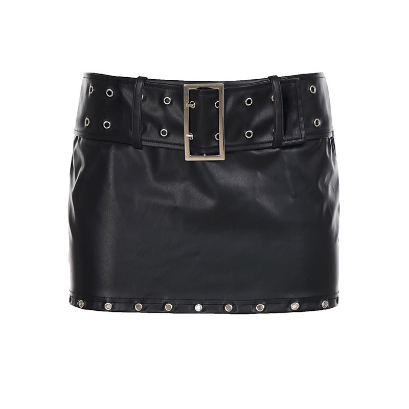 Street Gothic Leather Skirt Eyelet Belt Adjustable Low Waist Skirt Sexy Sexy Leather Hip Skirt