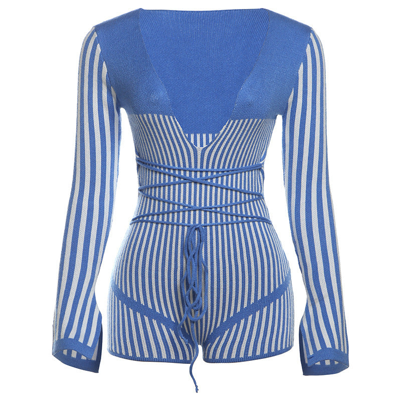 Fall Women Clothing Trend Sexy Deep V Plunge Neck Striped Contrast Color High Waist Lace Up Jumpsuit