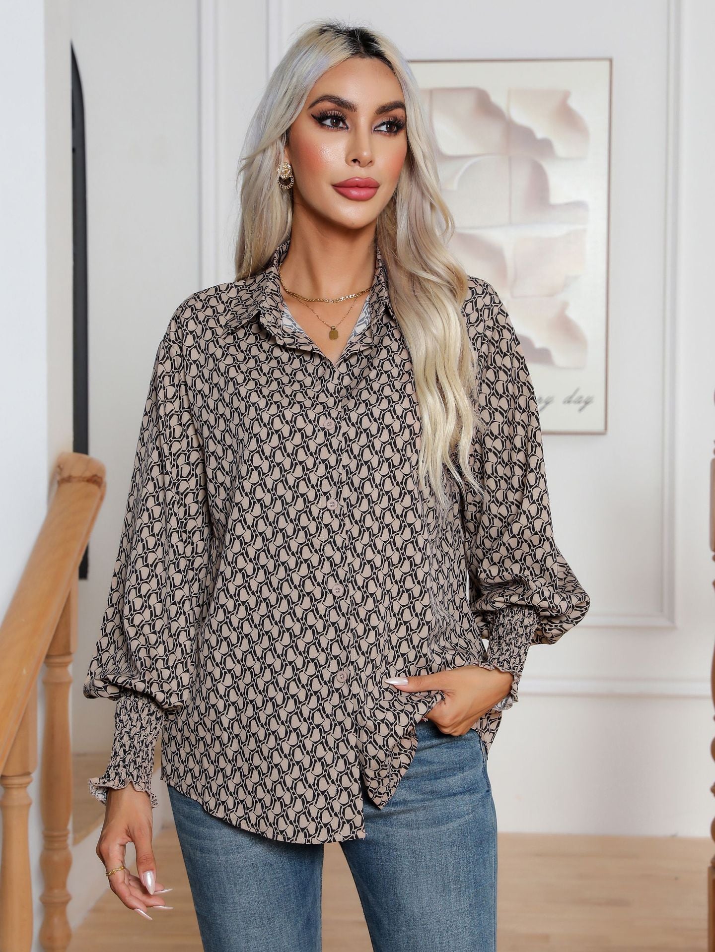 Geometric Abstract Printing Lantern Sleeve Shirt Women Long Sleeved Shirt Top Women Clothing