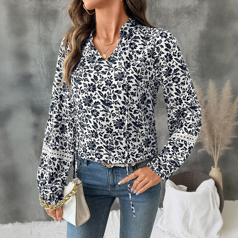 Autumn Casual Elegant Retro V neck Lace up Floral French Top for Women