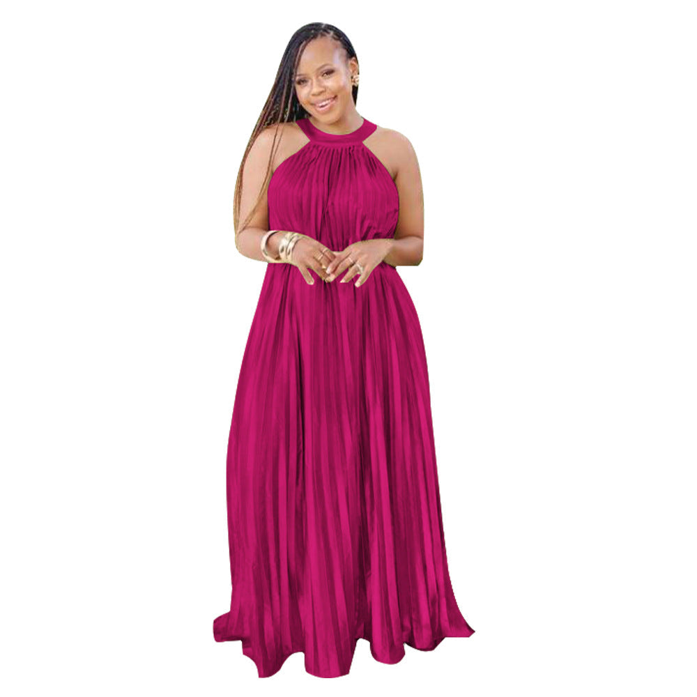Women Wear Sleeveless Cold Shoulder Artificial Silk Pleated Large Swing Dress