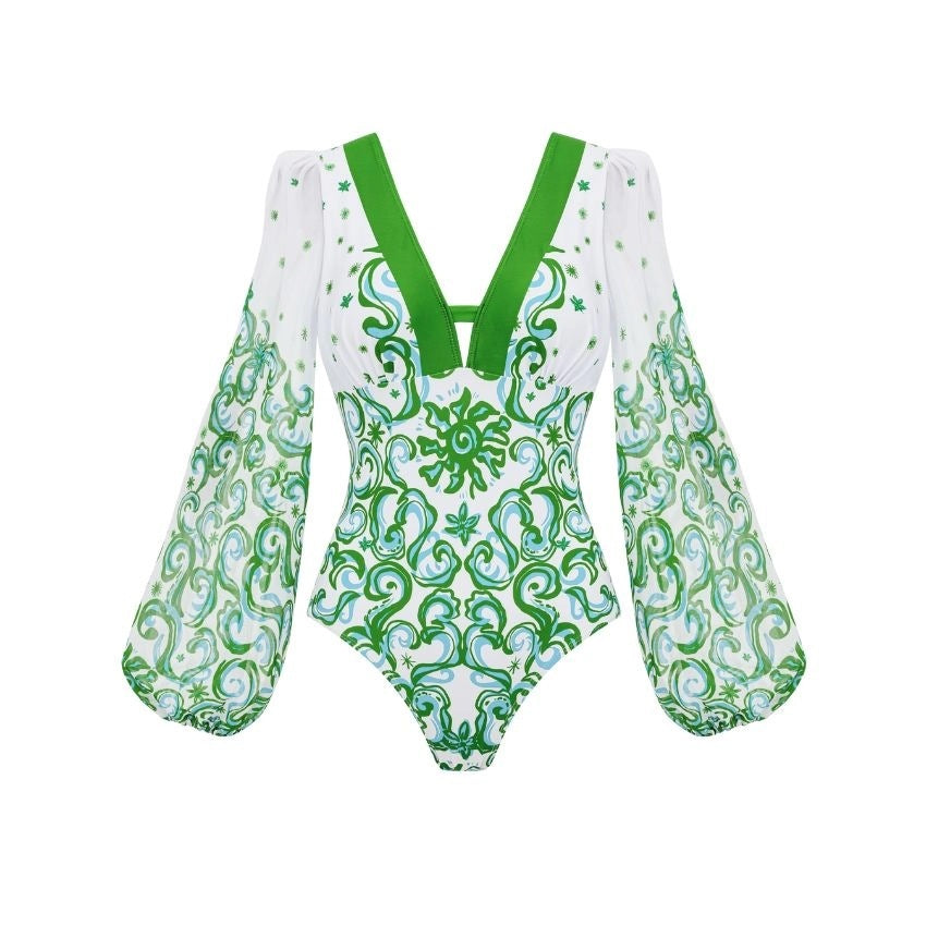 Swimsuit One Shoulder Green Fresh Holiday Floral Print One Piece Swimsuit Set