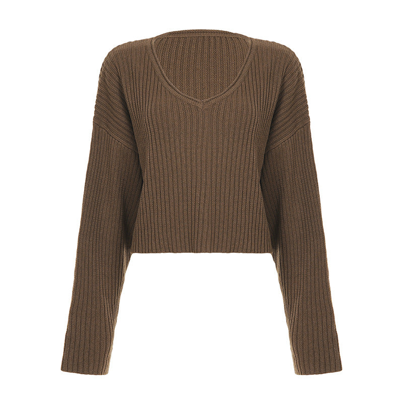 Retro V neck Sunken Stripe Solid Color Sweater Women Autumn Winter Maillard Fashionable Loose All Match Top