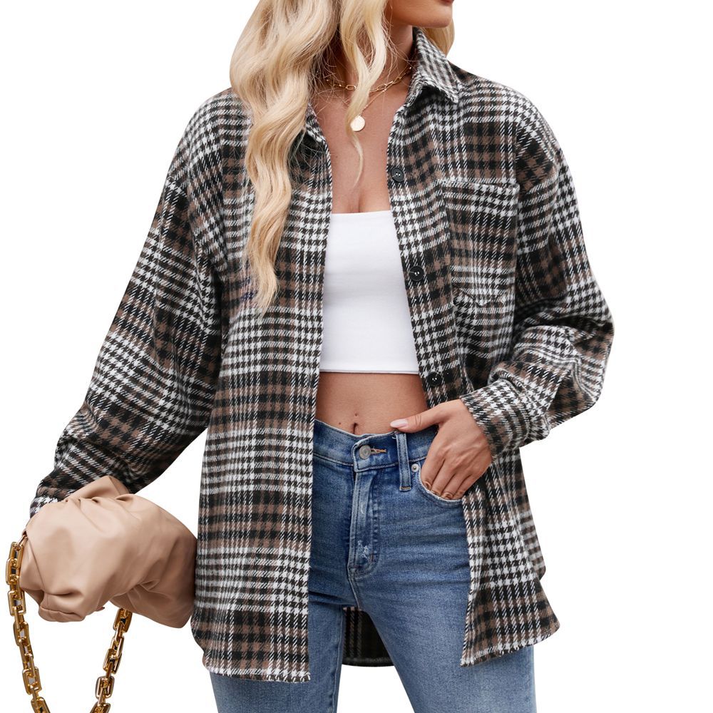 Autumn Winter Women Houndstooth Design Button Flannel Woolen Shirt