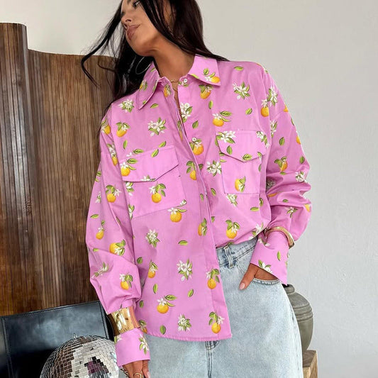 Digital Printing Casual Women Shirt Spring Autumn Polo Collar Long Sleeve All Matching Cardigan Top
