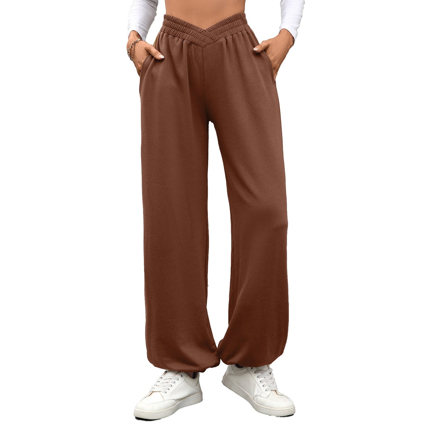Autumn Winter Elastic Waist with Pocket Ankle Tied Loose Casual Women Pants