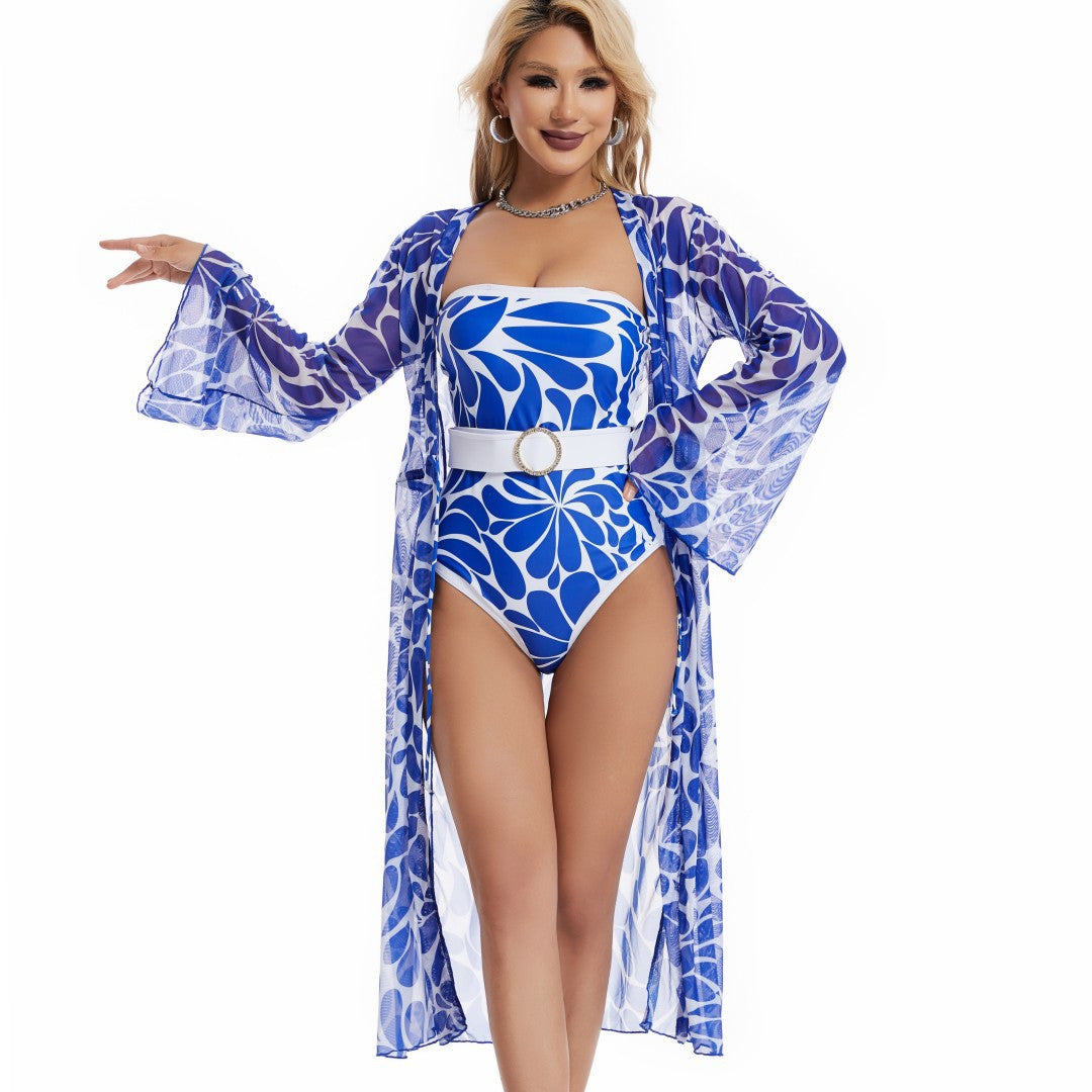 One Piece Sunscreen Swimwear Digital Printed Mesh Blouse Tube Top Swimsuit Women