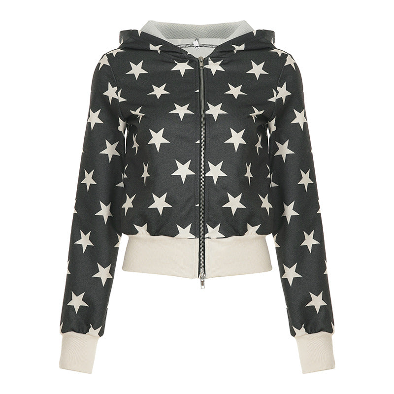 Casual Printed Contrast Color Slim Fit Sweater Women Early Autumn Retro Sports Zipper Hooded Jacket