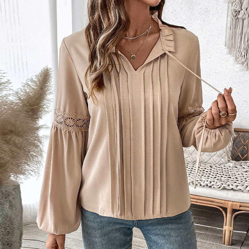 Autumn Top Tied V neck Solid Color Pleated Shirt
