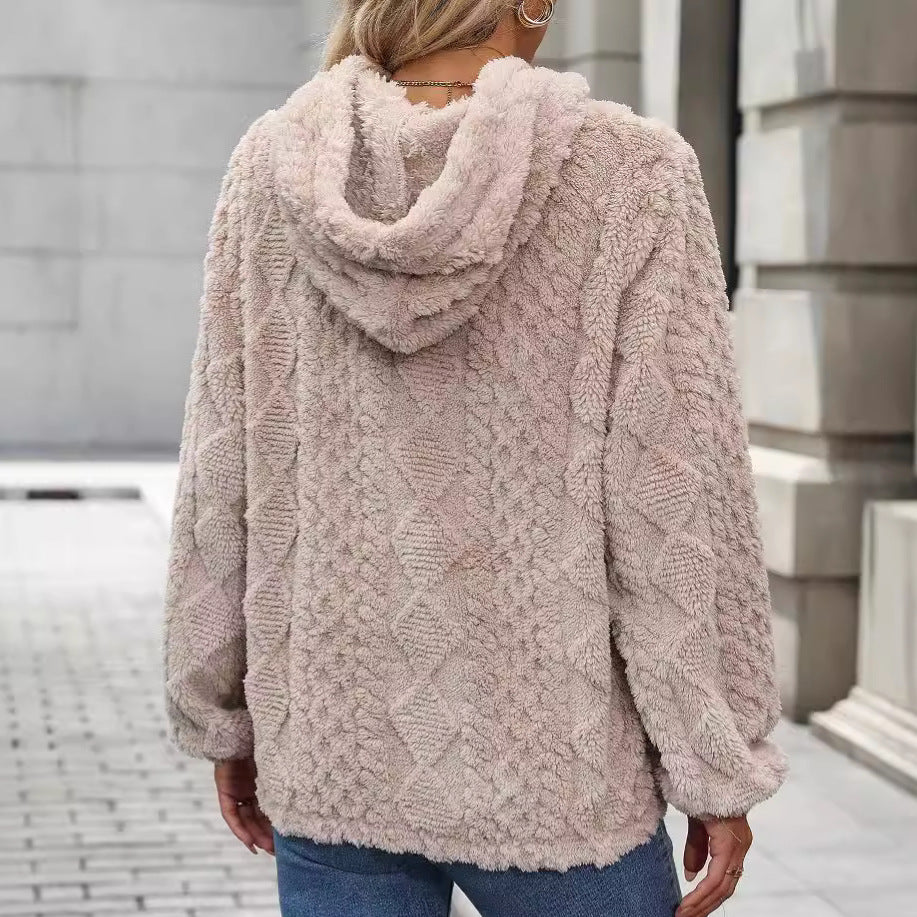 Autumn Winter Women Clothing Plush Jacquard Fabric Long Sleeve Loose Hooded Pullover Sweatshirt