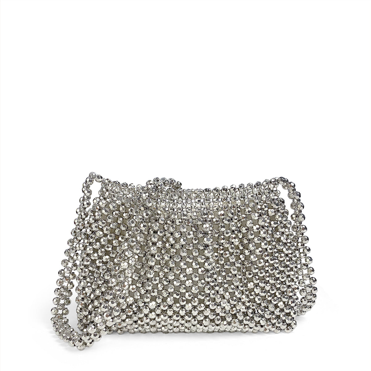 High Grade Complex Metallic Hand Woven Sliver Beads Small Square Bag Chain Crossbody Bag Beaded Mobile Phone Bag