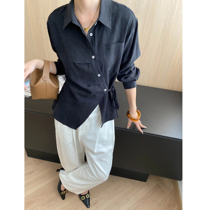 Intelligent Office Feeling Lysel Tencel Irregular Asymmetric Lace up Waist Controlled Slimming Long Sleeve Shirt